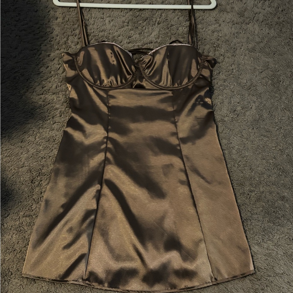 PrettyLittleThing Satin Bustier Mini Dress in Brown